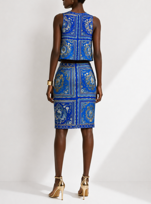 Blue Baroque Tile Pencil Skirt — Vintage Ornate Patterned Women's Skirt