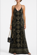 Black Green & Gold Pure Silk Satin Slip Maxi Dress | Luxury Printed Silk Dress | SURANU