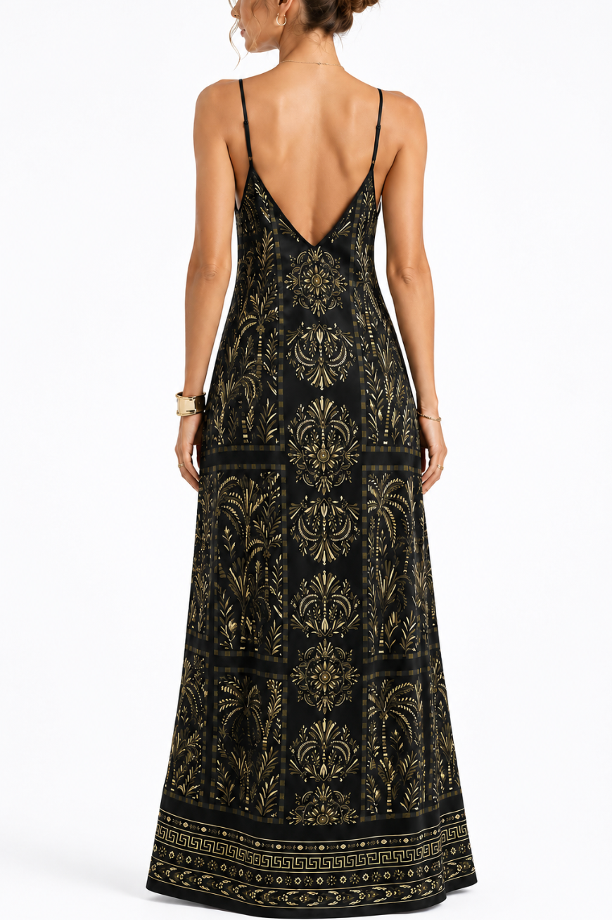 Black Green & Gold Pure Silk Satin Slip Maxi Dress | Luxury Printed Silk Dress | SURANU