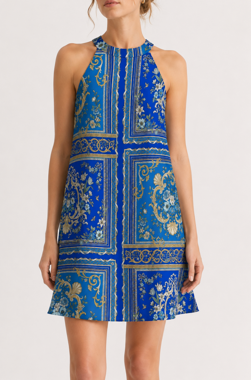 Blue Baroque Halter Mini Dress | Luxury Designer Shift Dress | SURANU