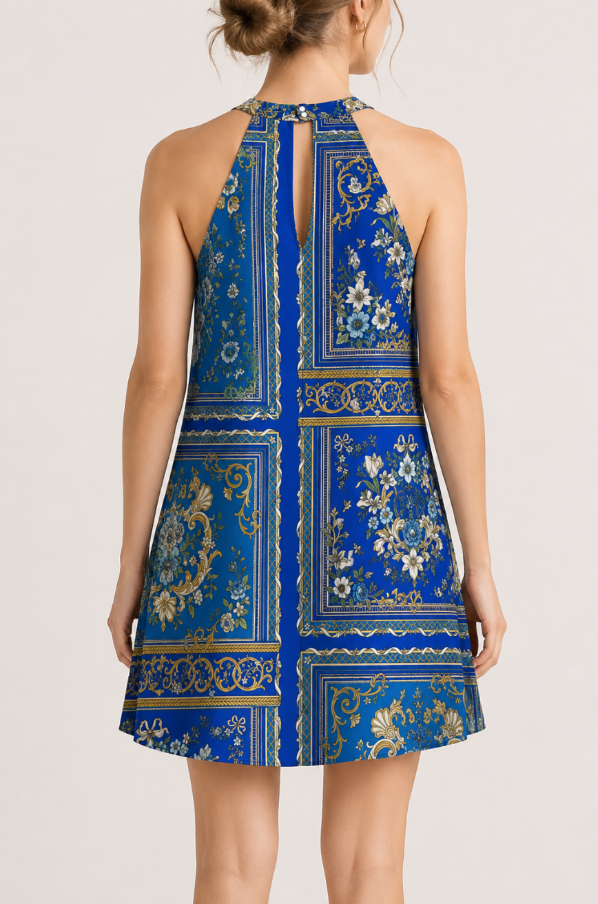 Blue Baroque Halter Mini Dress | Luxury Designer Shift Dress | SURANU