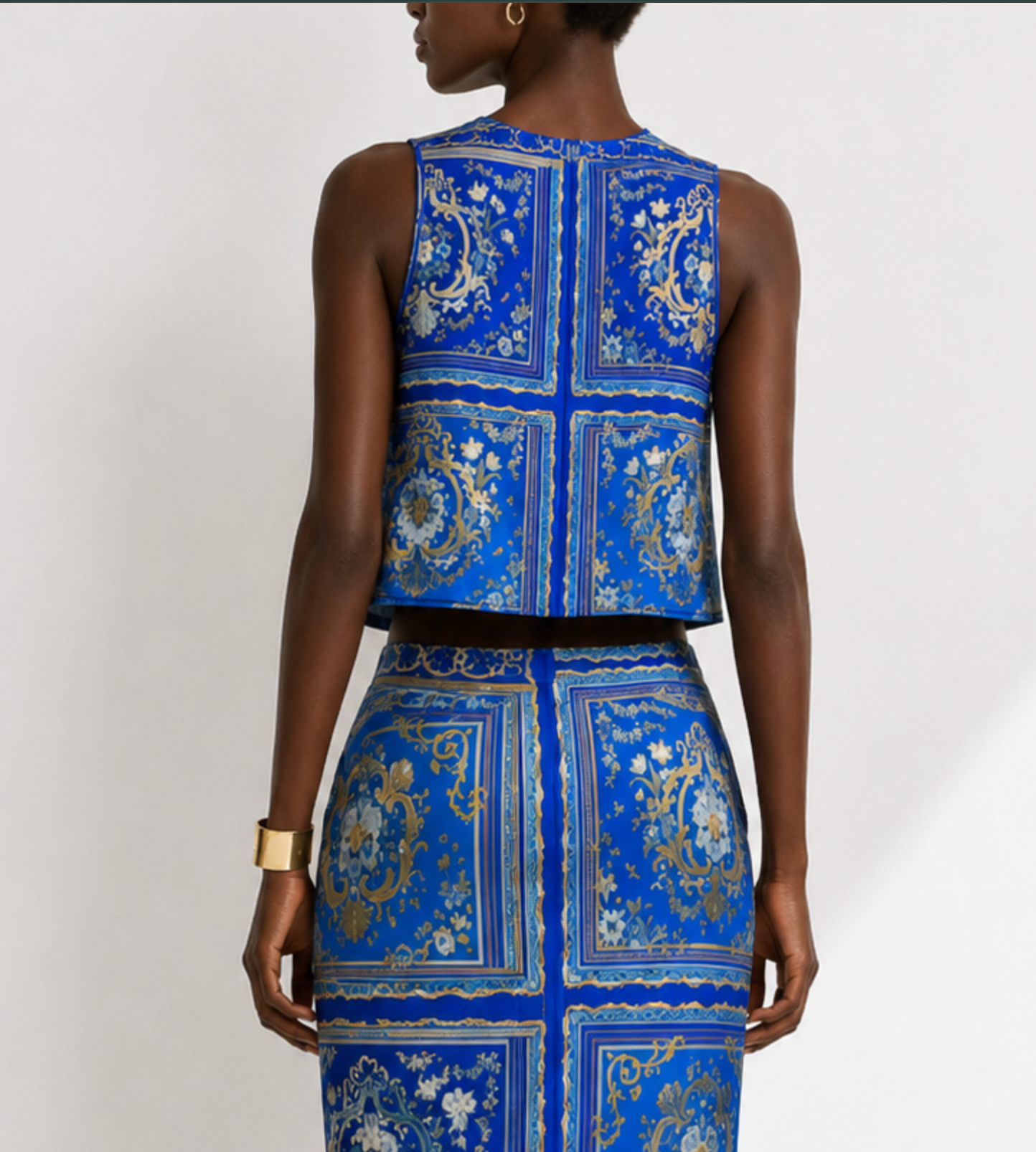Blue Baroque Sleeveless Swing Top | Luxury Designer Printed Top | SURANU