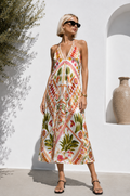 Mediterranean Botanica Silk Satin Halter Midi Dress