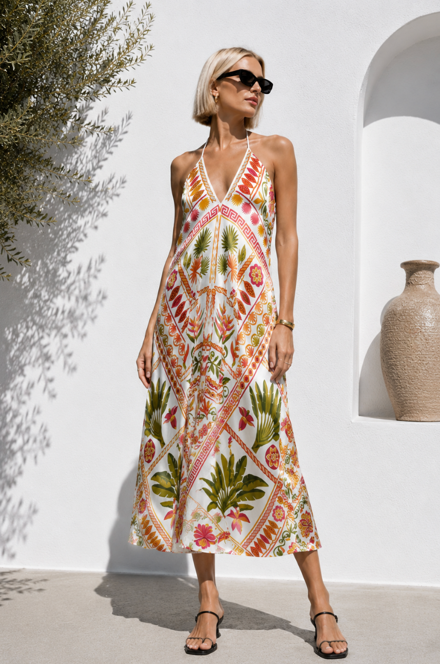 Mediterranean Botanica Silk Satin Halter Midi Dress
