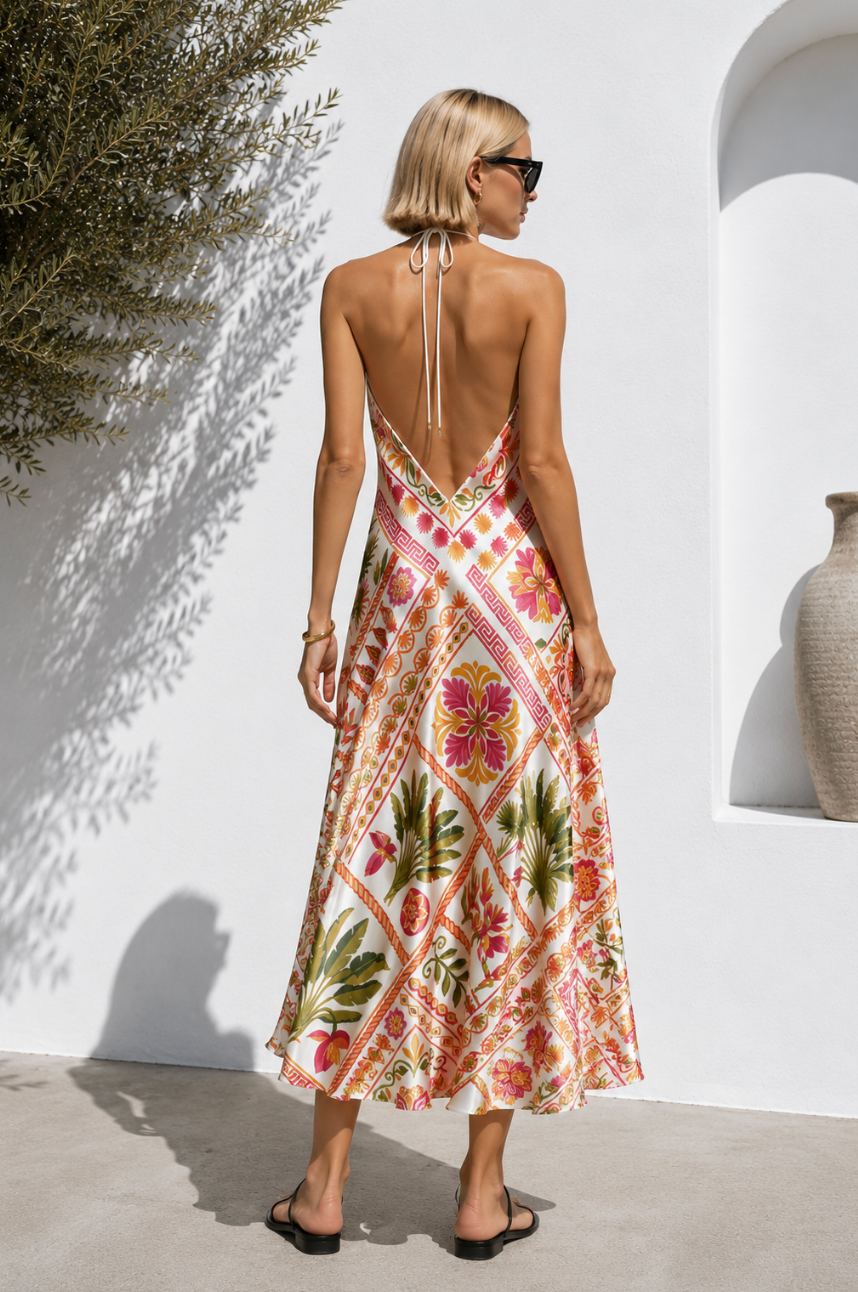 Mediterranean Botanica Silk Satin Halter Midi Dress