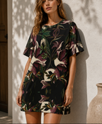 Suranú Botanical Print Oversized Mini Dress – Black