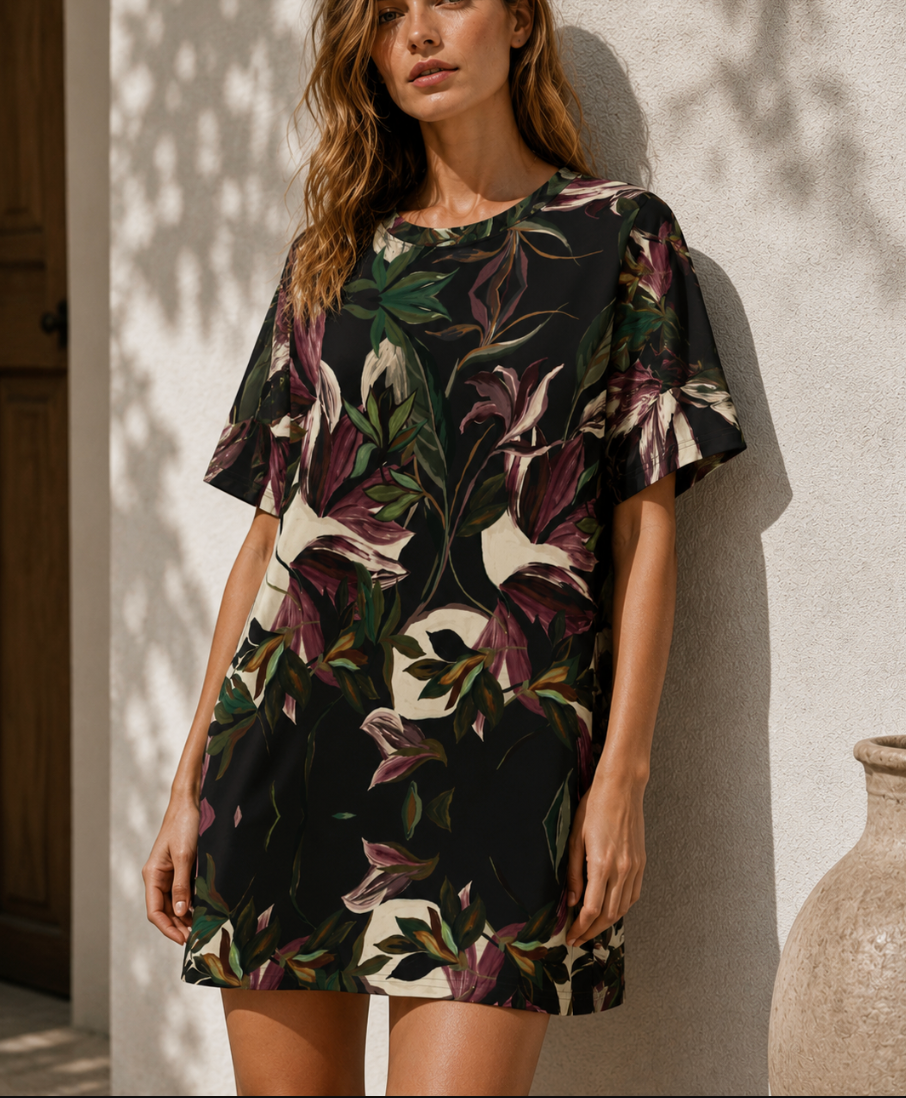 Suranú Botanical Print Oversized Mini Dress – Black