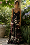Black Floral Silk Satin Maxi Slip Dress | Luxury Resortwear