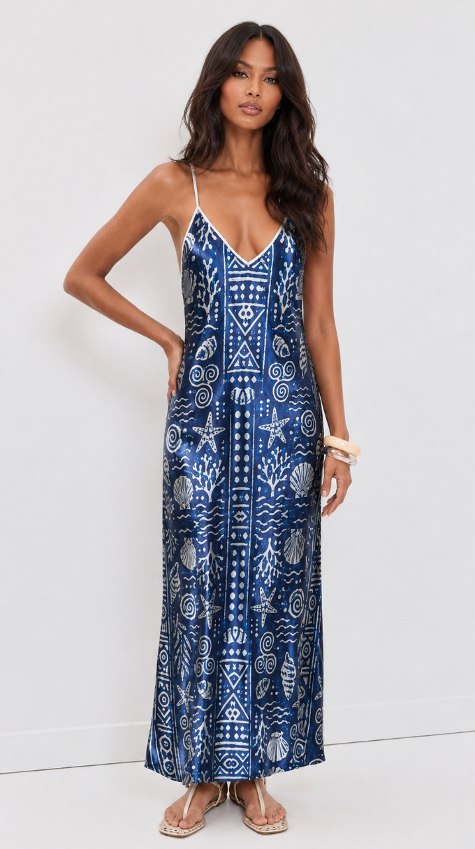 Suranu Navy Blue Pure Silk Printed Maxi Dress with V-Neck & Spaghetti Straps