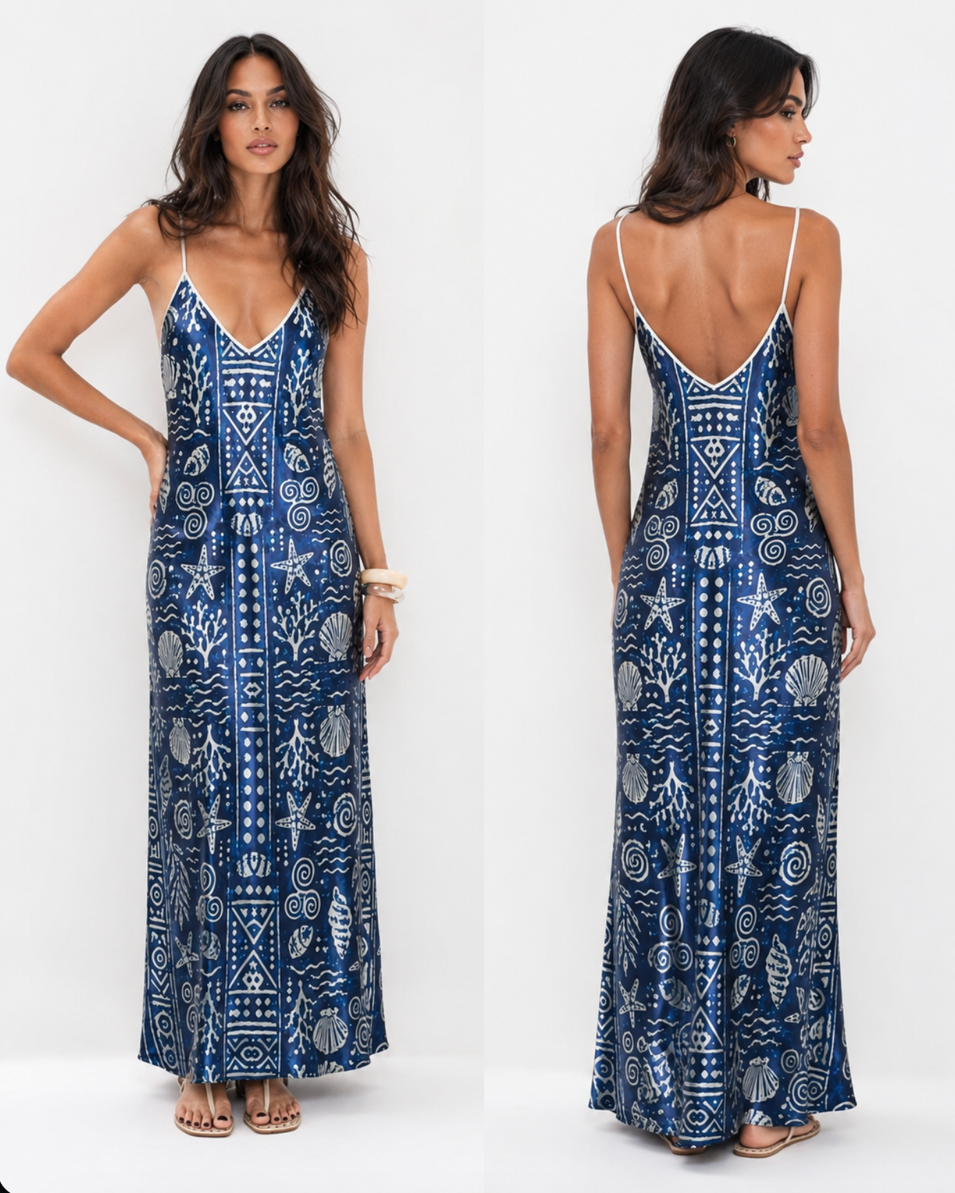 Suranu Navy Blue Pure Silk Printed Maxi Dress with V-Neck & Spaghetti Straps