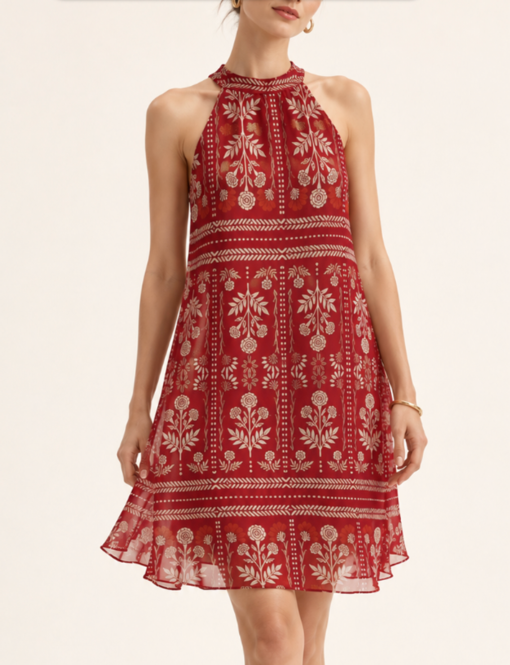 Red Chiffon Mini Dress – Printed Halter Neck Dress