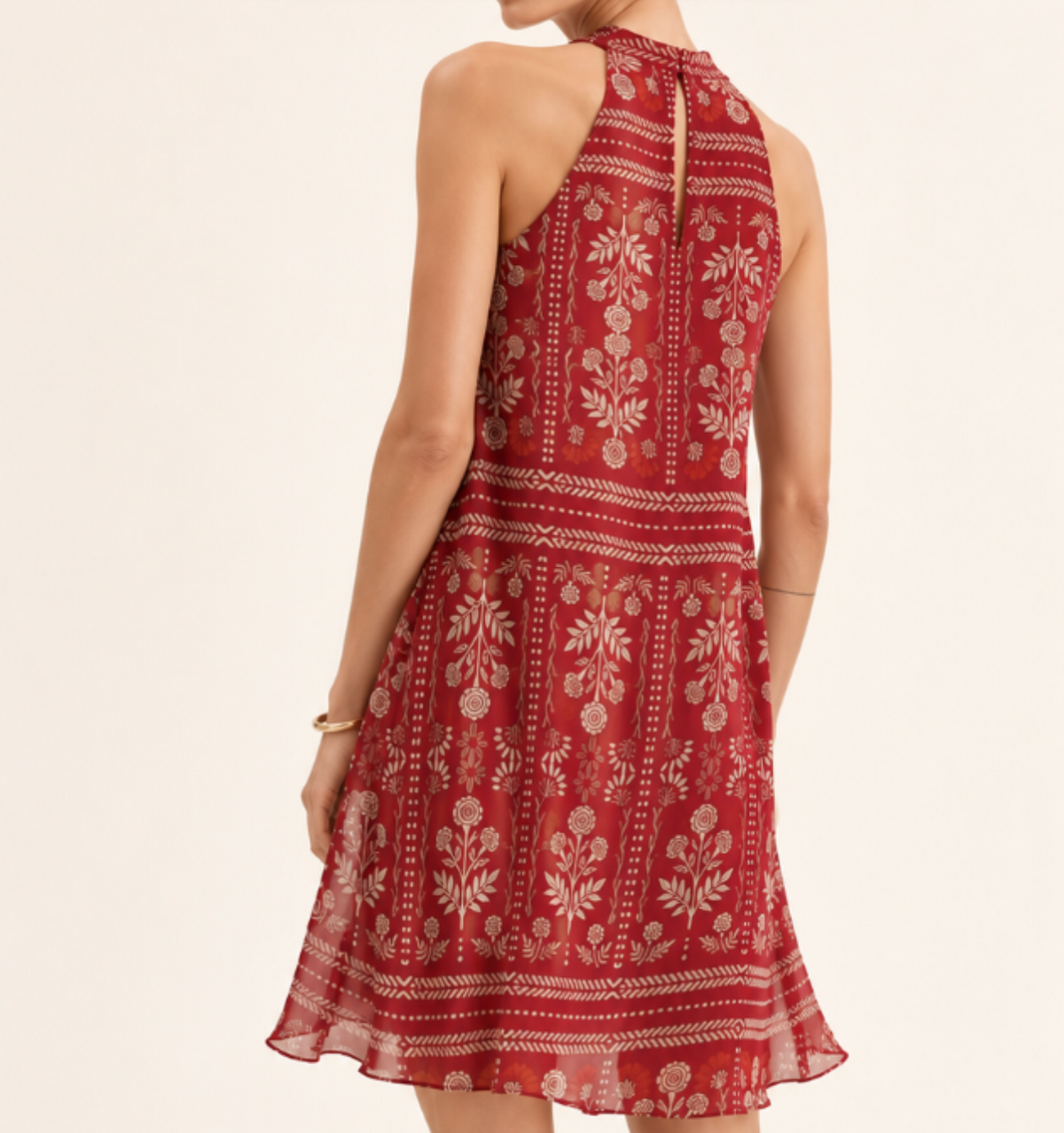 Red Chiffon Mini Dress – Printed Halter Neck Dress