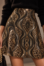 Black  Gold Sequin Paisley Mini Skirt