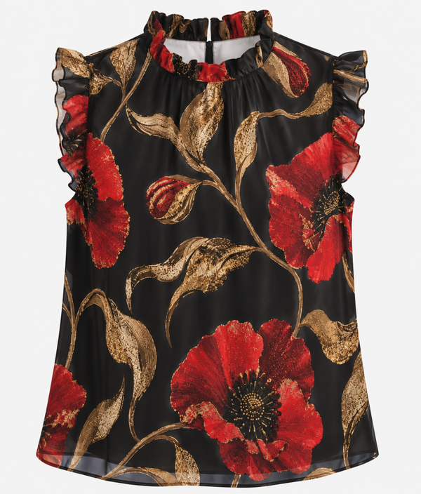 Black Chiffon Poppy Blouse with Red & Gold Floral Print Ruffle Sleeve Top