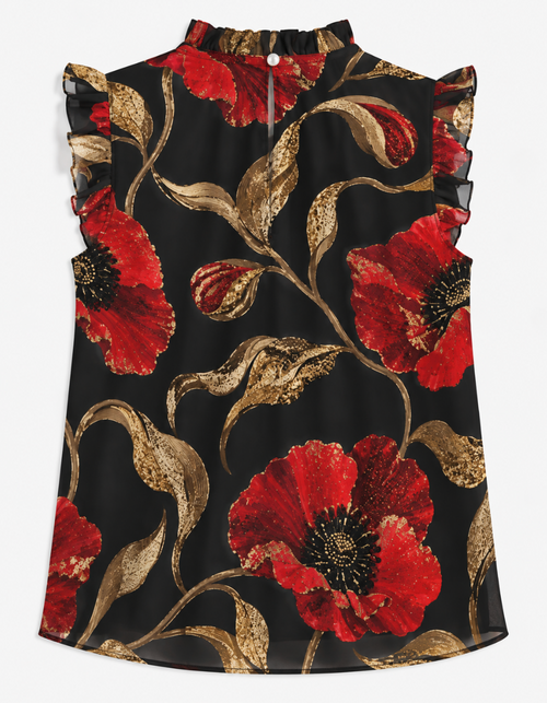 Black Chiffon Poppy Blouse with Red & Gold Floral Print Ruffle Sleeve Top