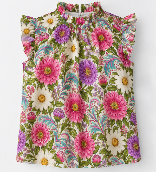 Floral Ruffle Neck Sleeveless Top | Pink & Purple Daisy Print Ruffle Sleeve Top