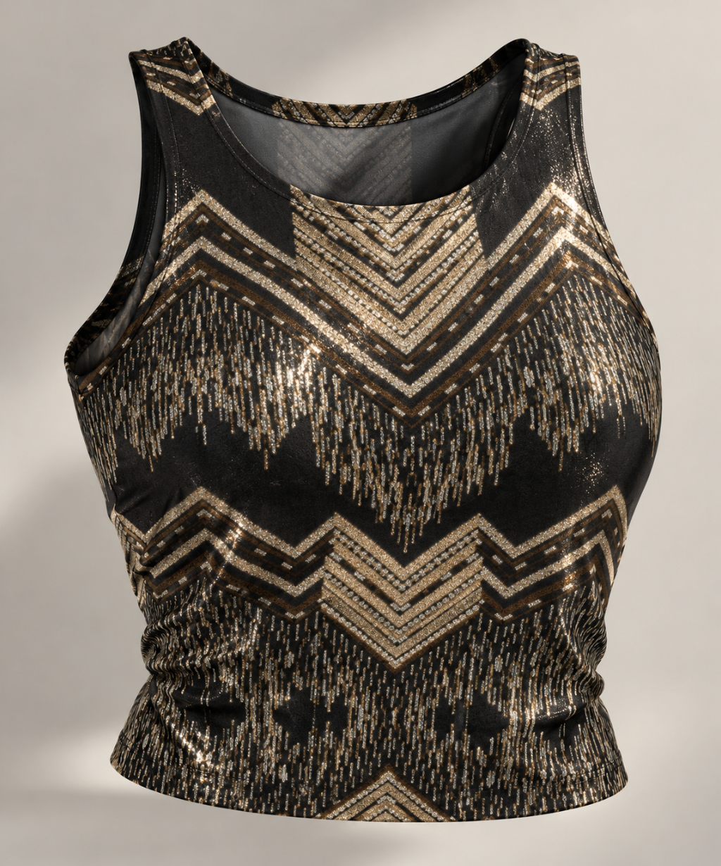Black Metallic Shimmer Two-Piece Set – Geometric Crop Top