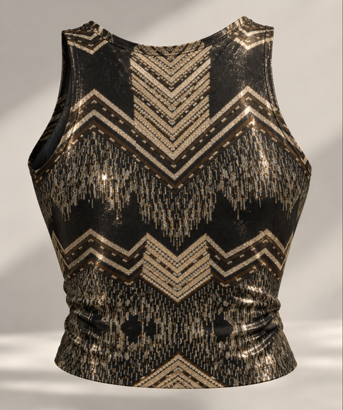 Black Metallic Shimmer Two-Piece Set – Geometric Crop Top