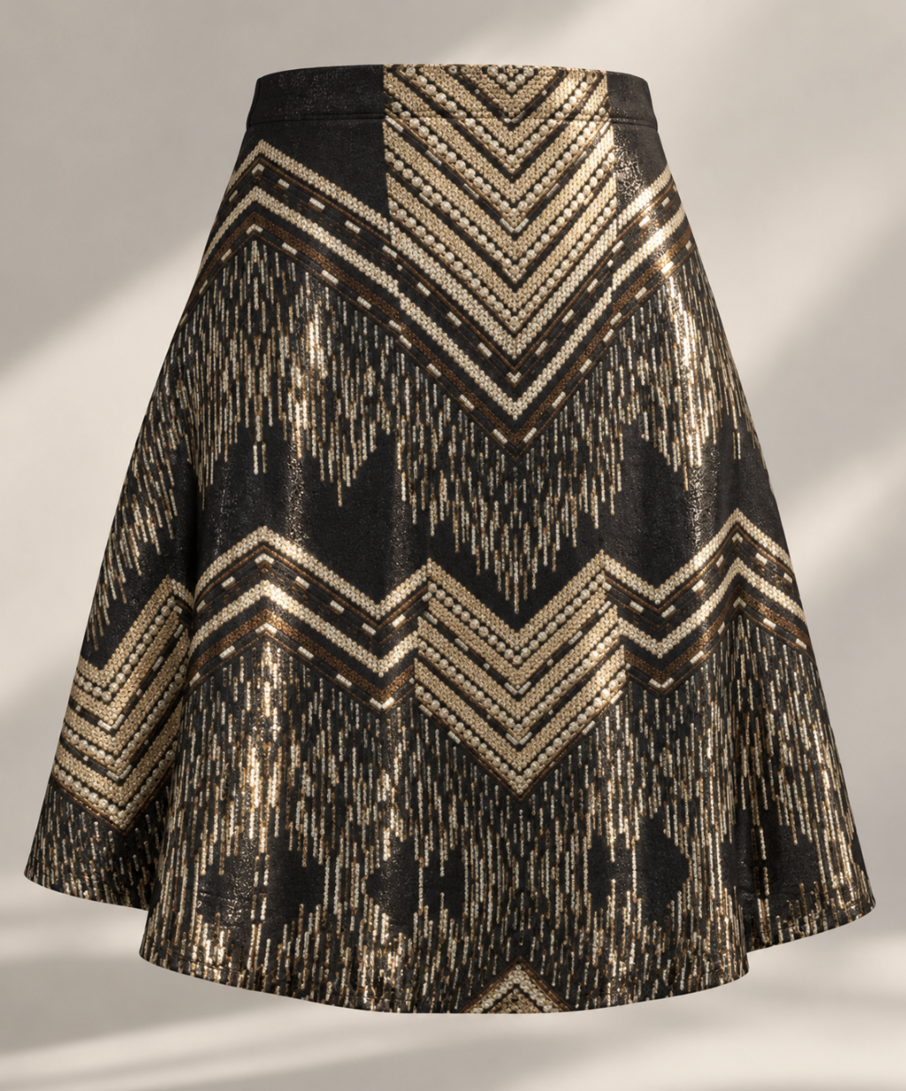 Black Metallic Shimmer Two-Piece Set – Geometric Flared Skirt