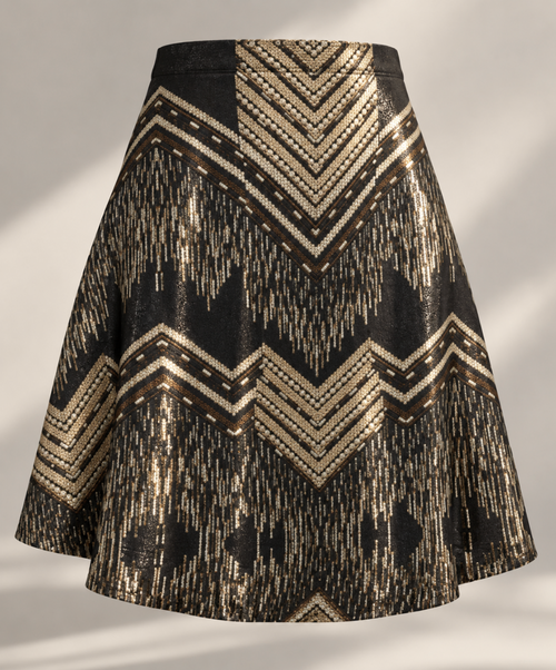 Black Metallic Shimmer Two-Piece Set – Geometric Flared Skirt