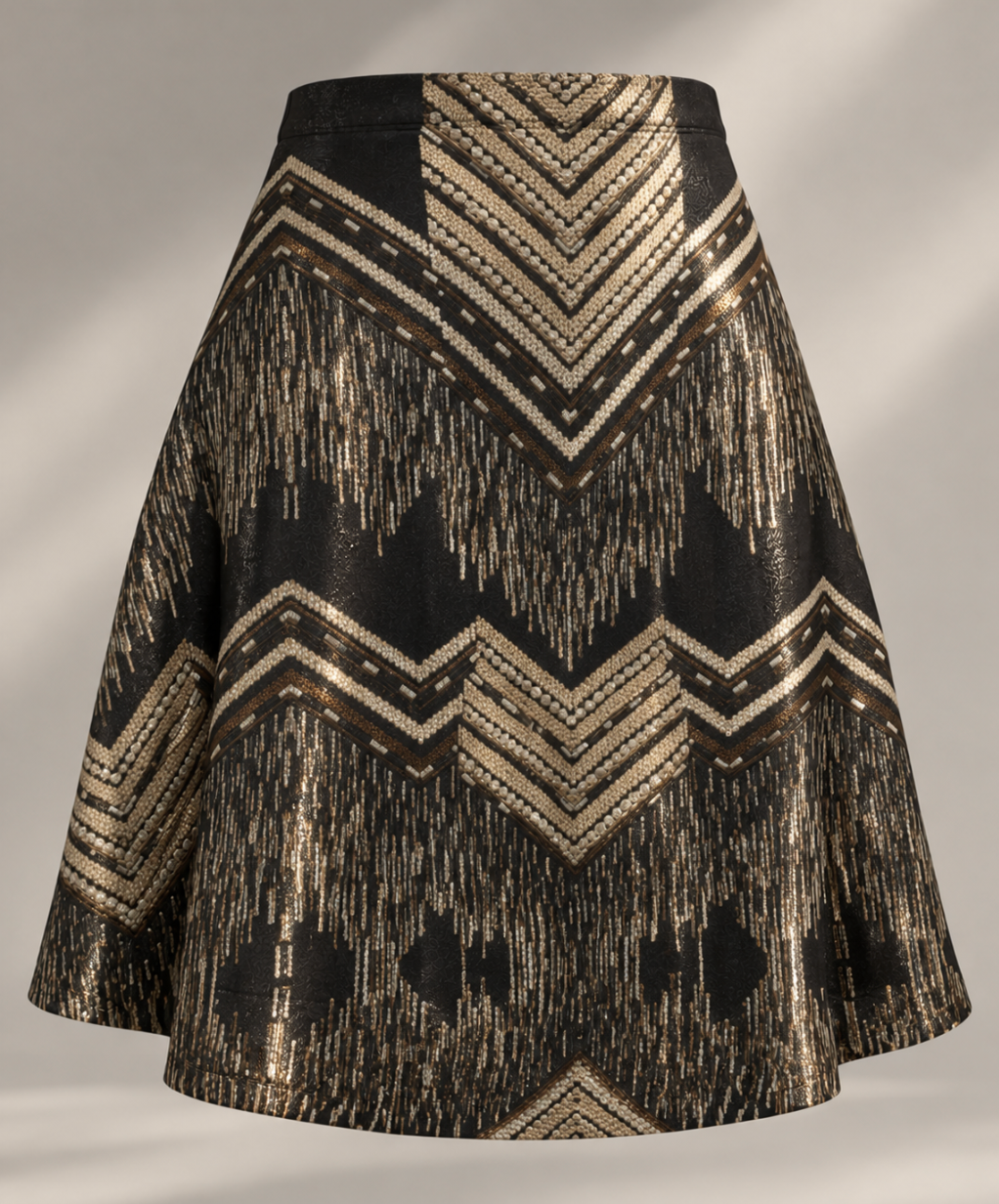 Black Metallic Shimmer Two-Piece Set – Geometric Flared Skirt