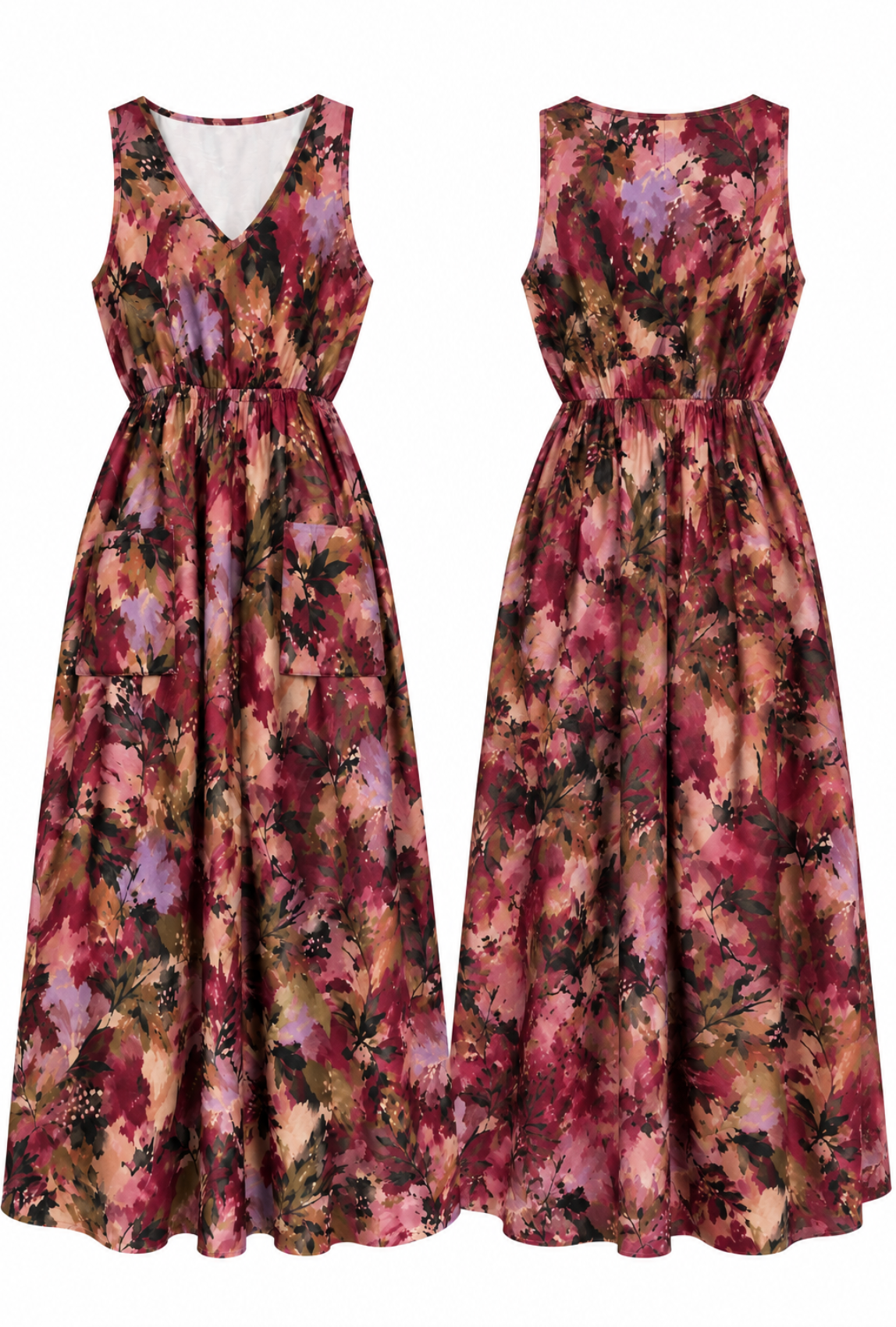 The Verdant Berry Botanical Maxi Dress with Pockets
