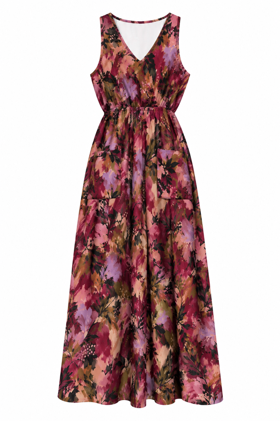 The Verdant Berry Botanical Maxi Dress with Pockets