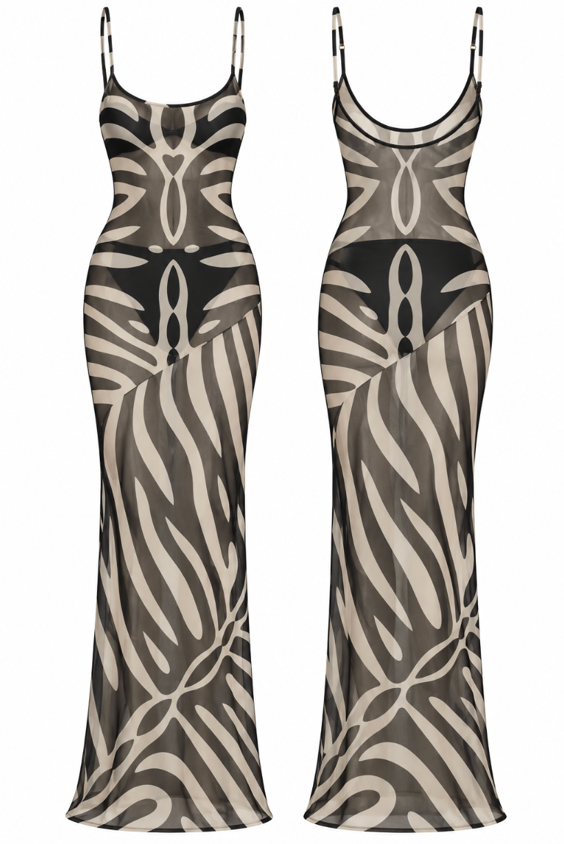 Zebra Muse All-Over Print Women's Sheer Mesh Backless Spaghetti Strap Maxi Dress