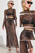 Snakeskin mesh Print Women's High Neck Skirt Set With Thumb Hole