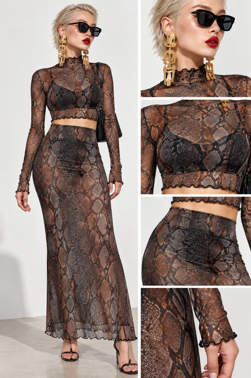Snakeskin mesh Print Women's High Neck Skirt Set With Thumb Hole