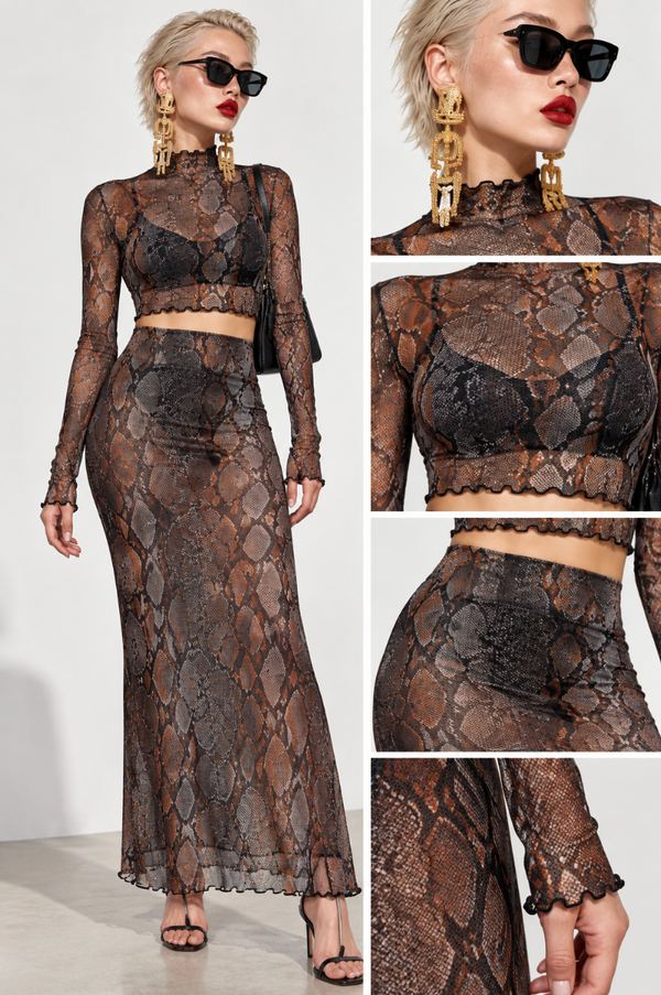 Snakeskin mesh Print Women's High Neck Skirt Set With Thumb Hole