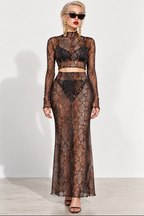Snakeskin mesh Print Women's High Neck Skirt Set With Thumb Hole