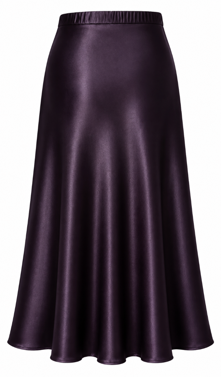 Midnight Aubergine Silk Satin Midi Skirt