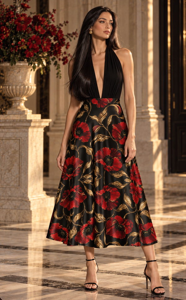 Black Satin Silk Midi Skirt with Red Poppies & Gold Botanical Print
