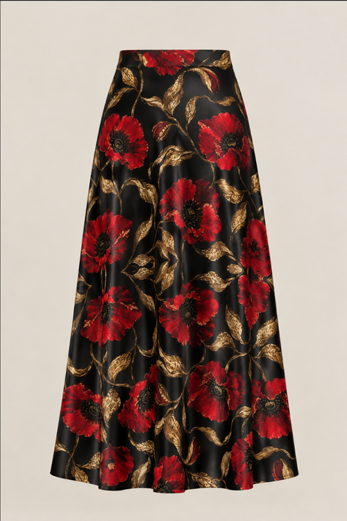 Black Satin Silk Midi Skirt with Red Poppies & Gold Botanical Print