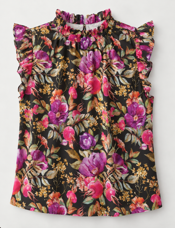 Floral Ruffle Neck Top for Women | Pink &amp; Purple Botanical Print