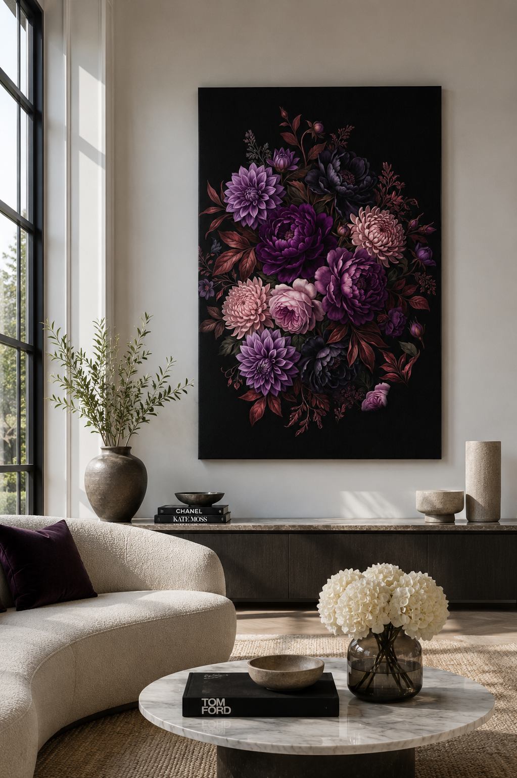 Midnight Amethyst Floral Canvas – Luxury Dark Botanical Extra Large Wall Art- 40in x60in