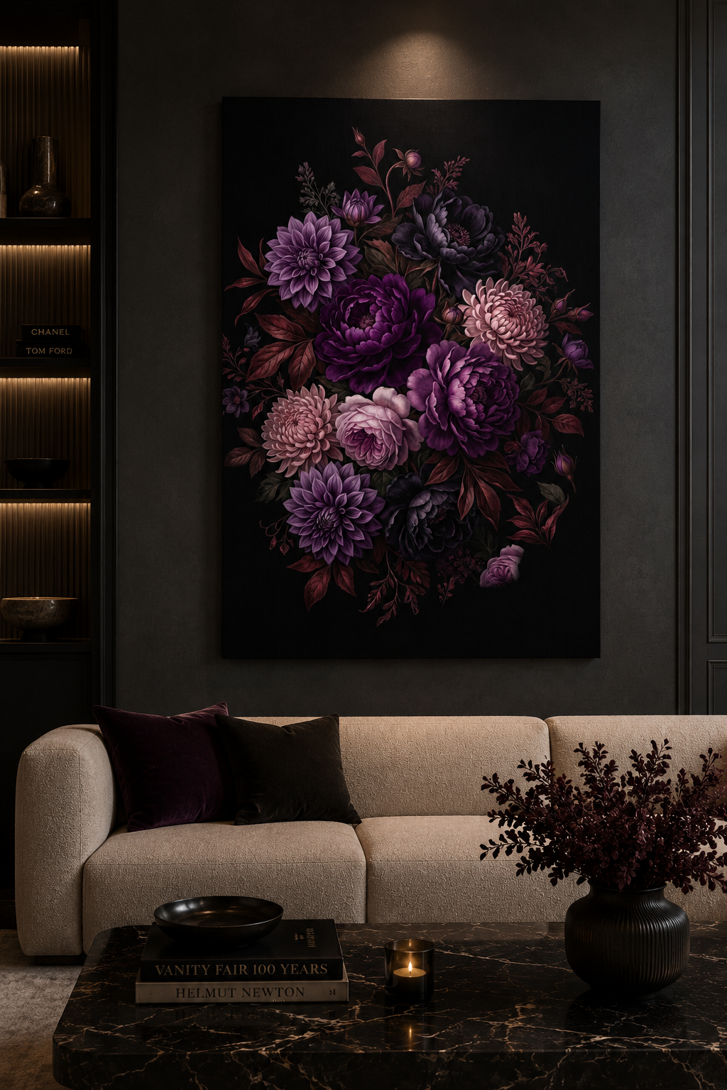 Midnight Amethyst Floral Canvas – Luxury Dark Botanical Extra Large Wall Art- 40in x60in