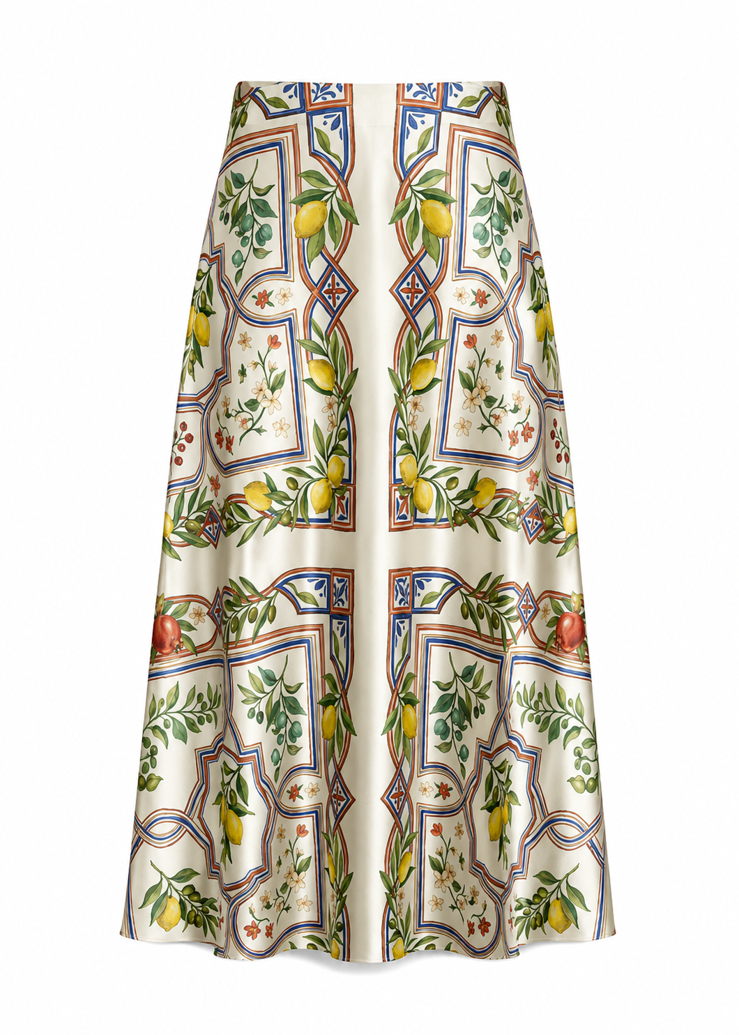 Mediterranean Orchard Silk Satin Midi Skirt