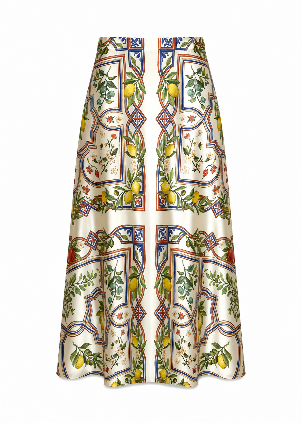 Mediterranean Orchard Silk Satin Midi Skirt